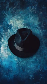 Black fedora rests on textured blue painted backdrop