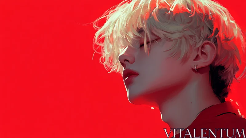 Chromatic profile study of blond youth against saturated red field.