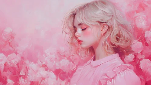 Side-profile portrait of blonde girl in pink floral field.