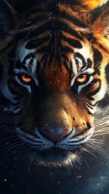 Close frontal view of a tiger face with glowing eyes.