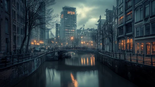 Moody canal city evening with glowing windows and misty skies.