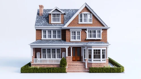 Sunlit shingle manor stands crisp against a cloudless hush.