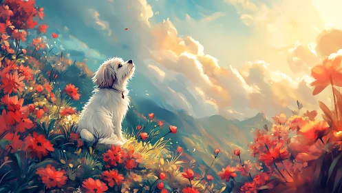 Small white dog in sunlit wildflower meadow under glowing sky