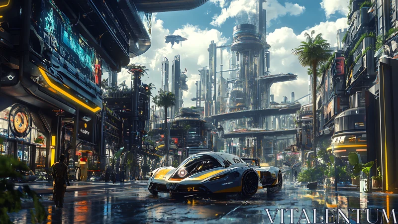 Futuristic race car glides through neon-lit vertical cityscape.