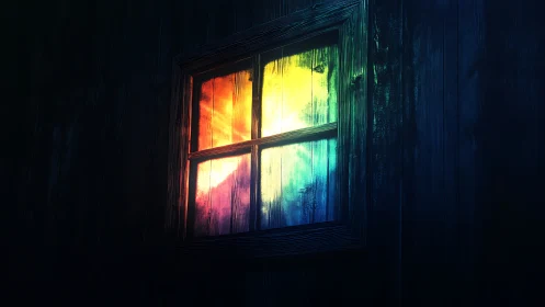 Midnight cabin window spilling quiet rainbow firelight.