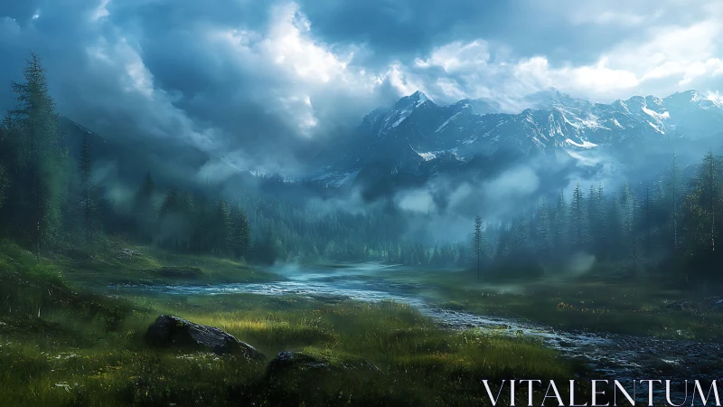 Mountain valley river under dense clouds and mist layers.