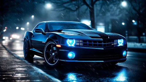 Black muscle car glows under blue streetlights in night rain