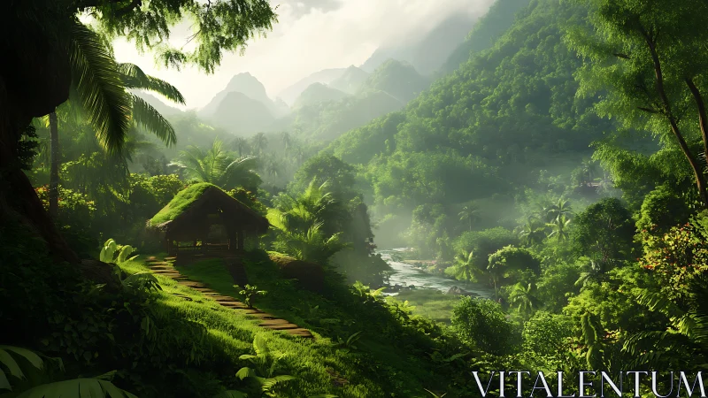 Sunlit jungle hideaway nestles beside a winding river valley