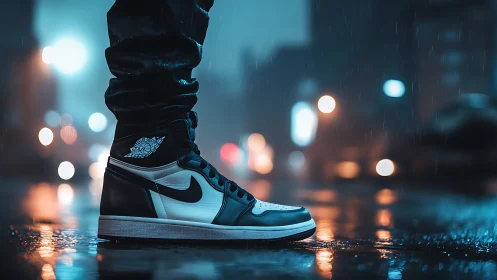 Black and white Nike sneaker on wet night city street.
