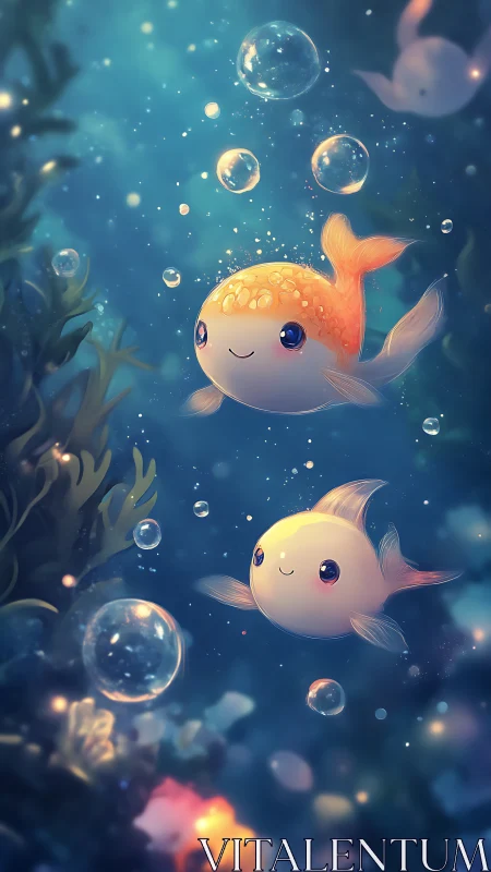 Luminous stylized goldfish with volumetric bubbles underwater.