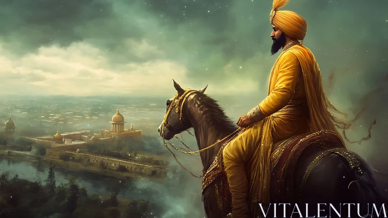 Turbaned rider on decorated horse surveys distant domed city
