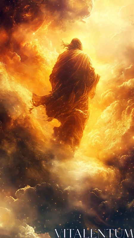 Radiant robed figure ascending through blazing golden clouds.