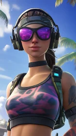 Sunny gamer adventurer smiles in bold tropical headset gear