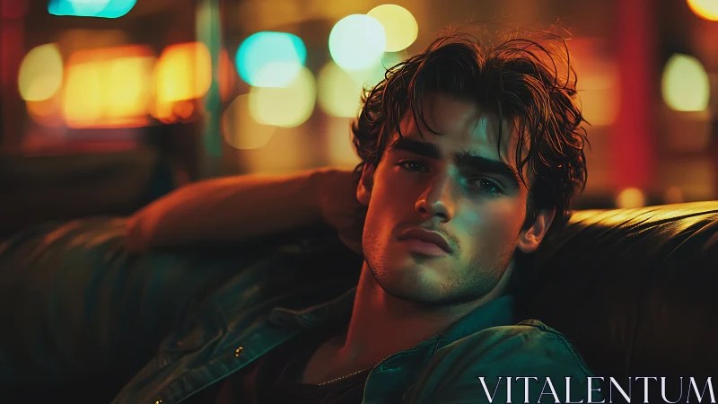 Moody young man on leather sofa under neon city glow.