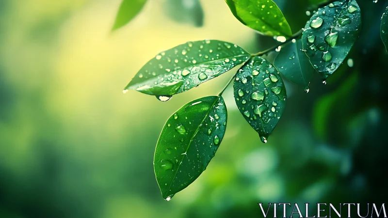 Fresh green leaves shimmer with morning raindrops in sunlight