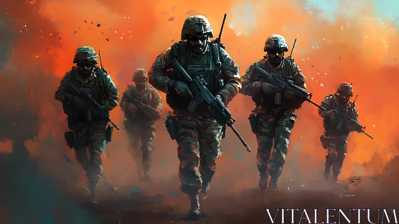 Combat squad advances through blazing battlefield haze.