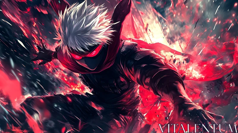 Storm of crimson energy surrounds a masked silver haired ninja