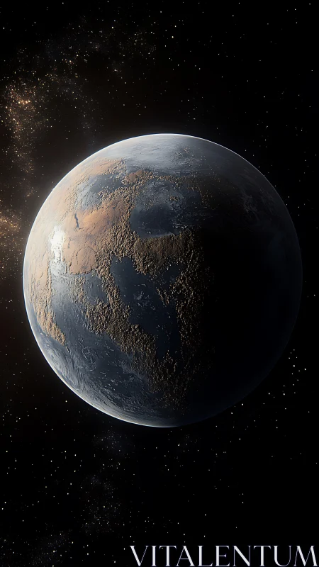 Distant rocky exoplanet with ice caps in deep space.