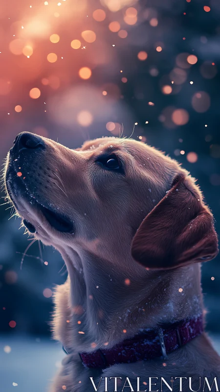 Dog profile rendered in shallow depth under falling snow