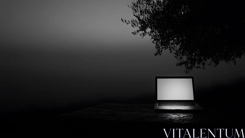 Open laptop on stone surface under dense tree canopy at night