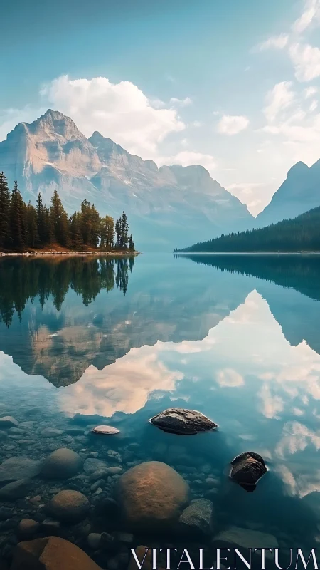 Mountain lake surface reflects peaks, clouds and shoreline trees