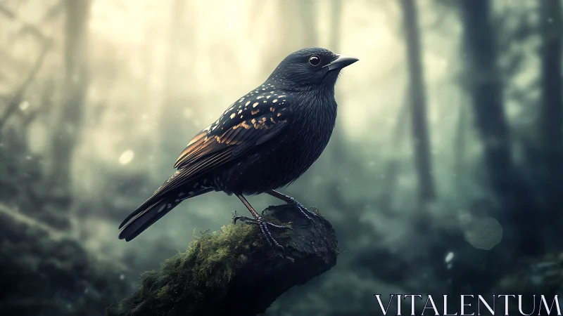 Majestic blackbird on mossy branch in dreamy forest, digital art.