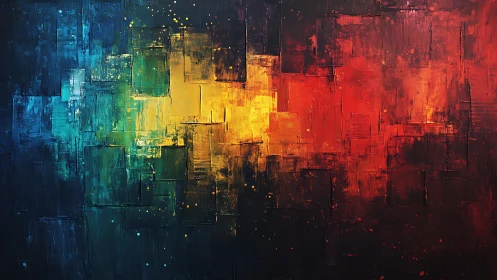 Vibrant Abstract Geometric Painting with Blue, Yellow, and Red Tones.