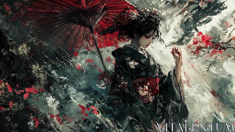 Japanese woman under red umbrella in floral kimono.