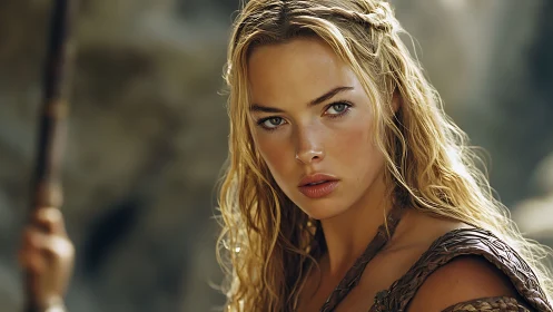 Warrior woman portrait in golden backlight, braided hair study.