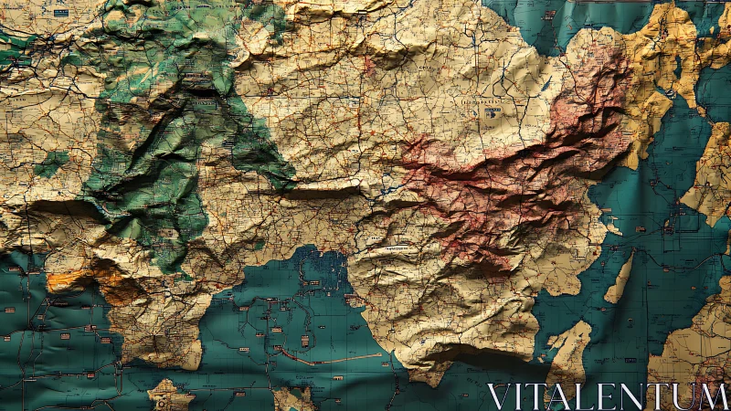 Topographic road map with folded relief mountains and coast.