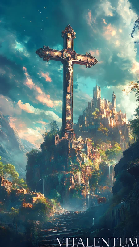 Monumental crucifix overlooking terraced cliffside citadel at dawn