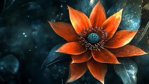 Iridescent orange blossom unfurling in luminous voidscape.