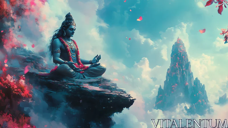 Serene blue deity in lotus pose on rocky ledge in clouds.