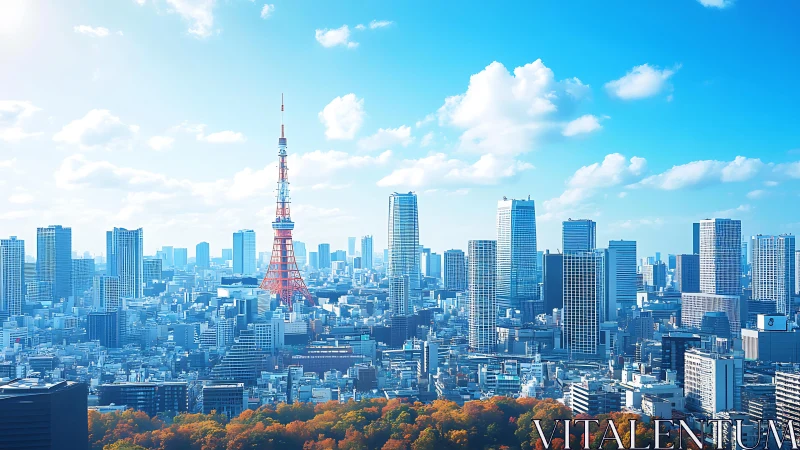 High-clarity metropolitan skyline with central lattice tower.