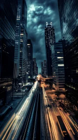 Midnight traffic threads neon streaks through brooding towers