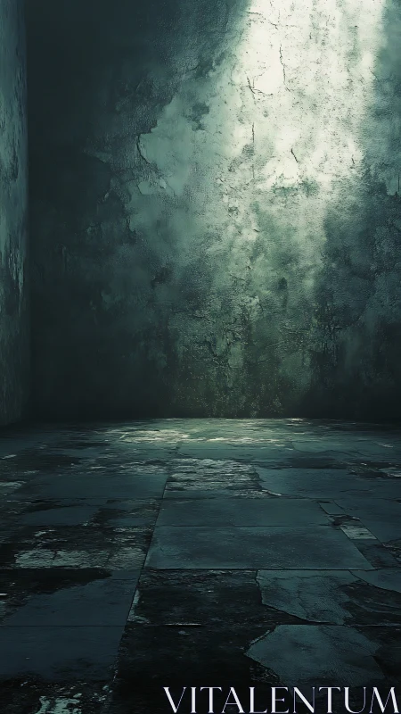 Abandoned concrete room with cracked damp walls and light