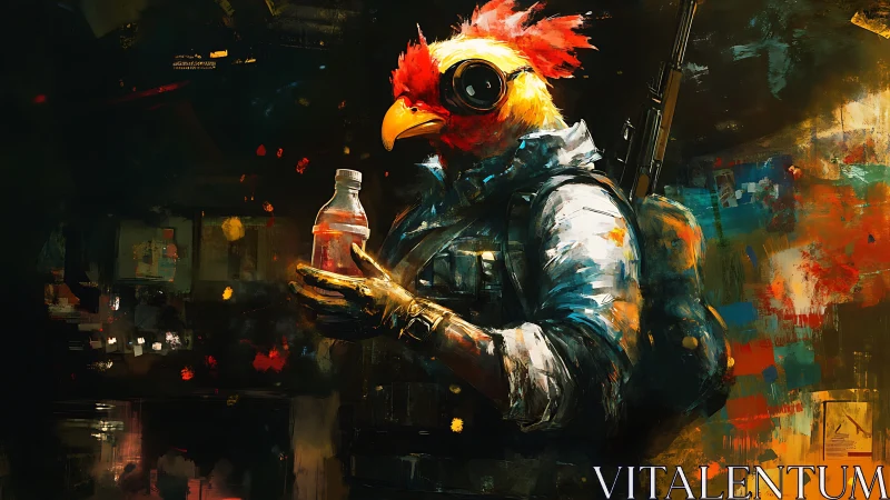 Bold Bird Warrior Stands Ready in Vibrant Urban Setting