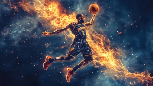 Flame-lit dunk comet streaking across a smoky night sky.