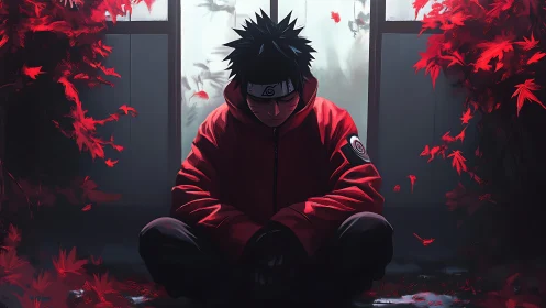 Quiet ninja in red jacket rests amid falling scarlet leaves