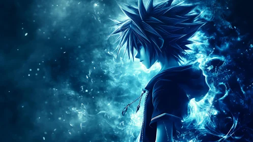 Spiky haired anime warrior amid swirling blue energy field.
