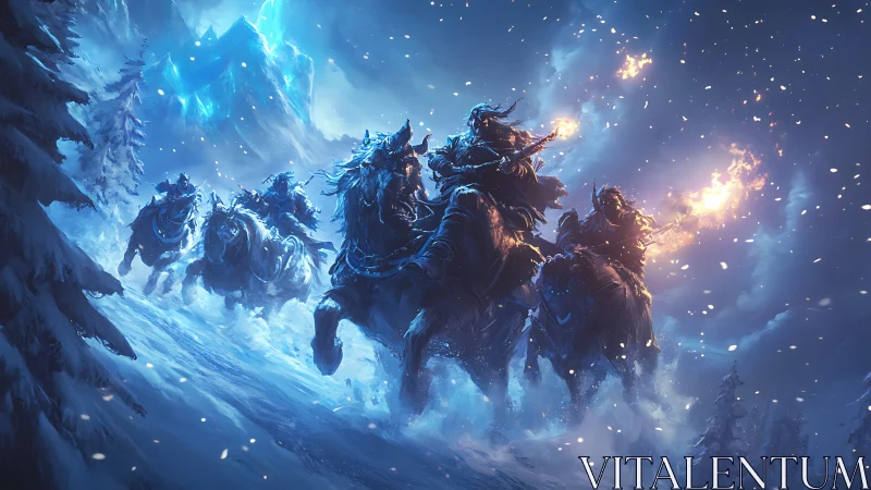 Frostbound riders charging with torches through icy blizzard.