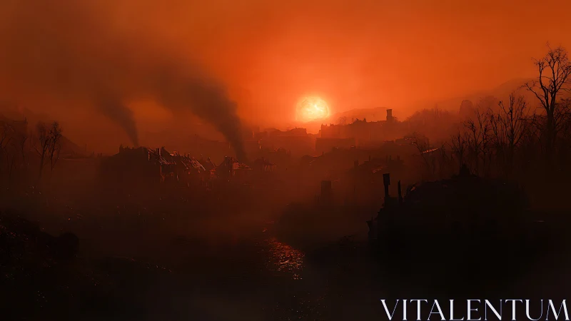 Sunset illuminates smoke-filled townscape with silhouetted trees