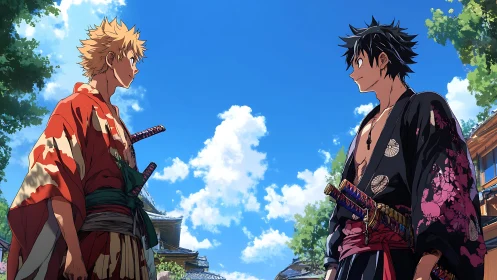 Samurai duel standoff between two anime swordsmen outdoors.