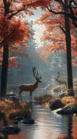 Amber antlers at dawn in a river-woven autumn sanctuary.