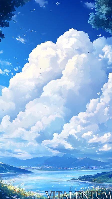 Layered cumulus clouds above coastal lake and distant hills.