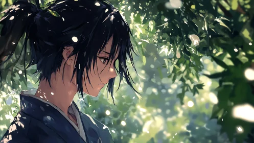 Quiet anime profile under soft dappled forest light.