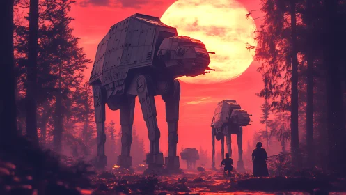 Colossal walkers cross crimson forest under huge sun.