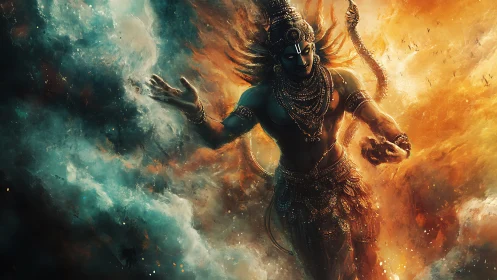 Radiant cosmic deity strides through swirling fire and mist.