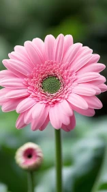 Soft pink gerbera daisy opens gently in a peaceful garden