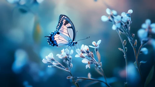 Moonlit butterfly drifts among dreamy sapphire blossoms.